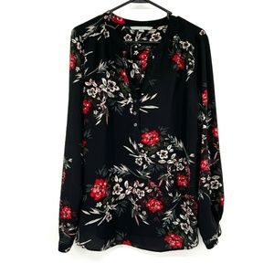 Valerie Stevens Top Womens Size Medium Black Floral Print V Neck Roll Tab Sleeve
